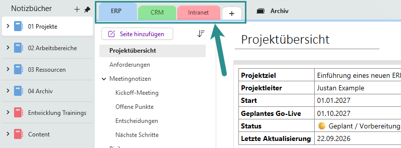 Notizbuch mit Abschnitten als Registerkarten am oberen Rand