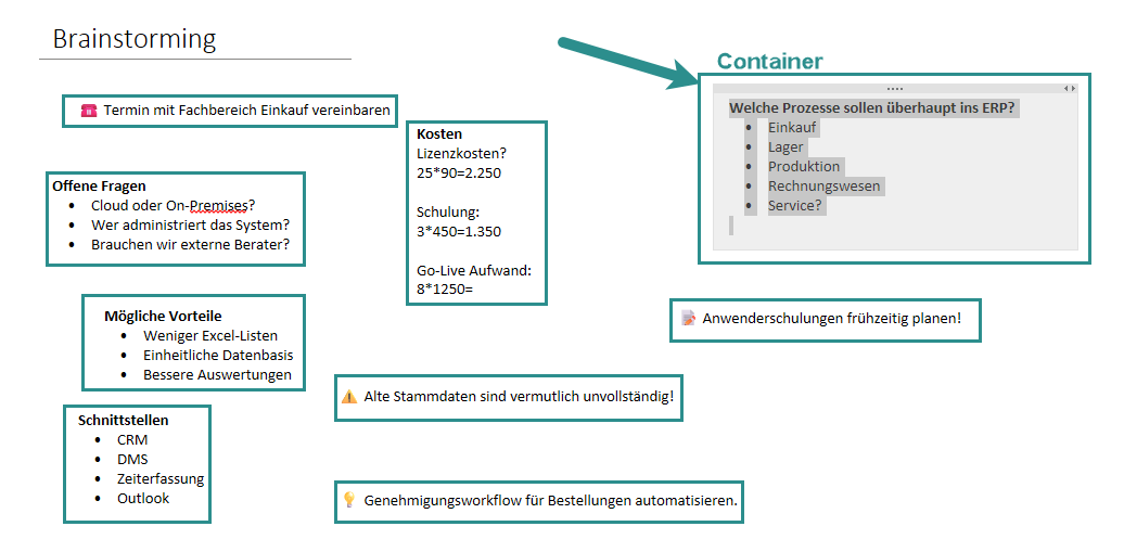 Seite mit mehreren frei verschobenen Containern, einer davon mit einer Rechnung